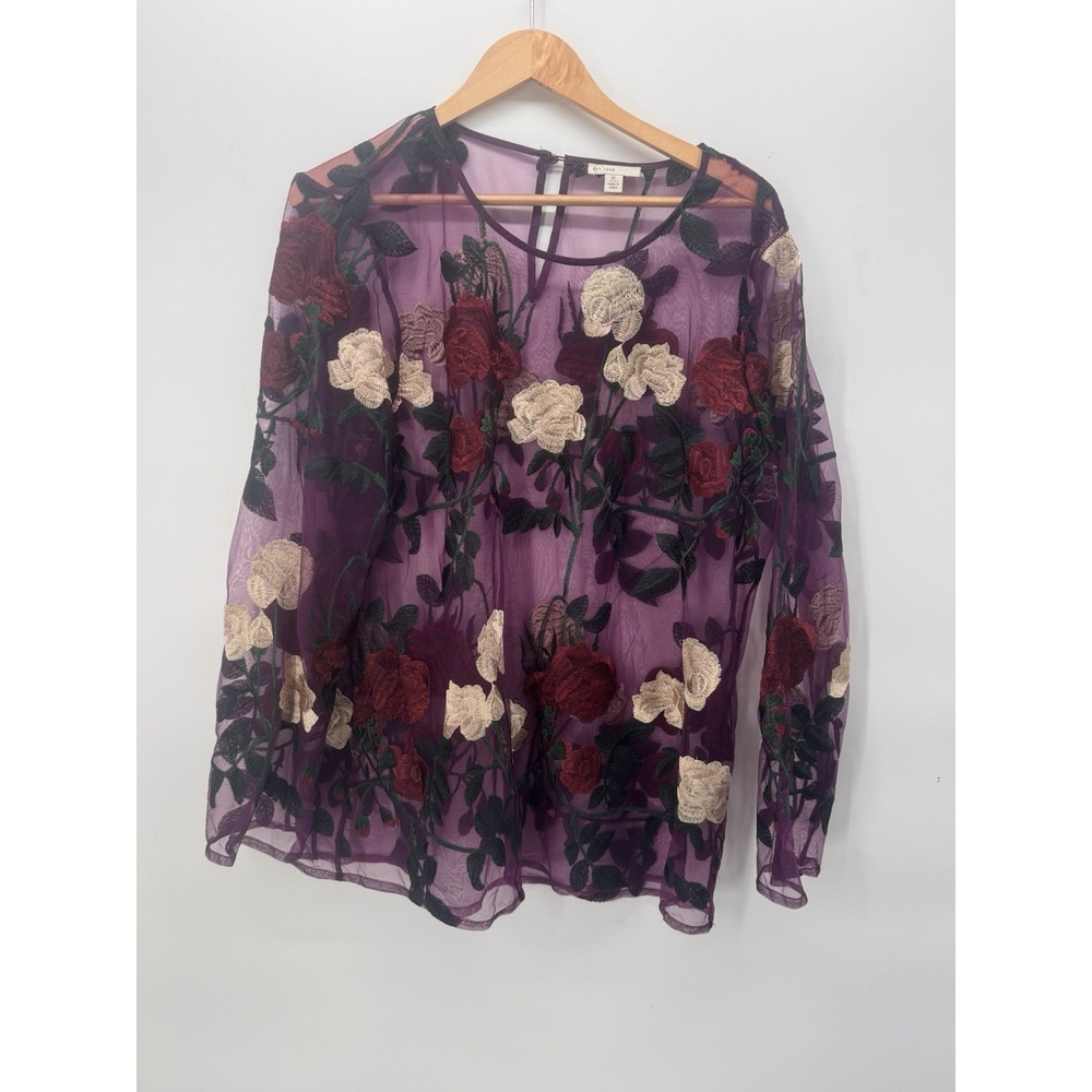 Women's Rose flower embroidered tulle top purple size XL Long Sleeve Fairy Core